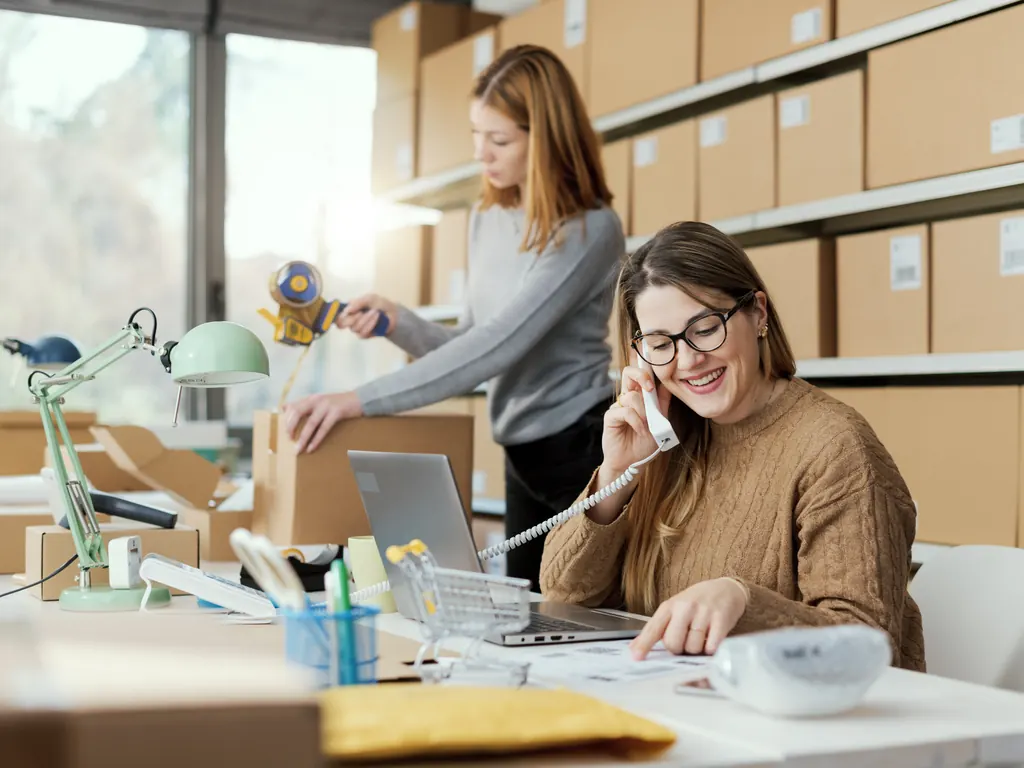 Ejecutiva de ventas atendiendo el teléfono en una oficina comercial